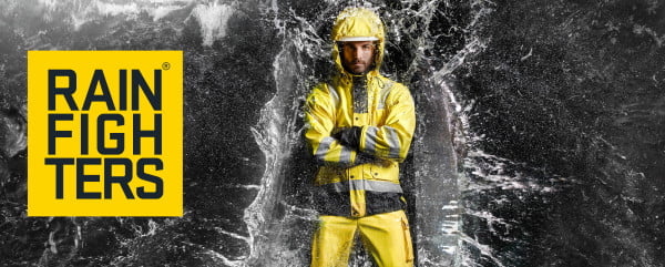 Dette billede illustrere Blåkläder – Rainfighters – Ny serie af regntøj løfter funktion og synlighed til tre forskellige niveauer