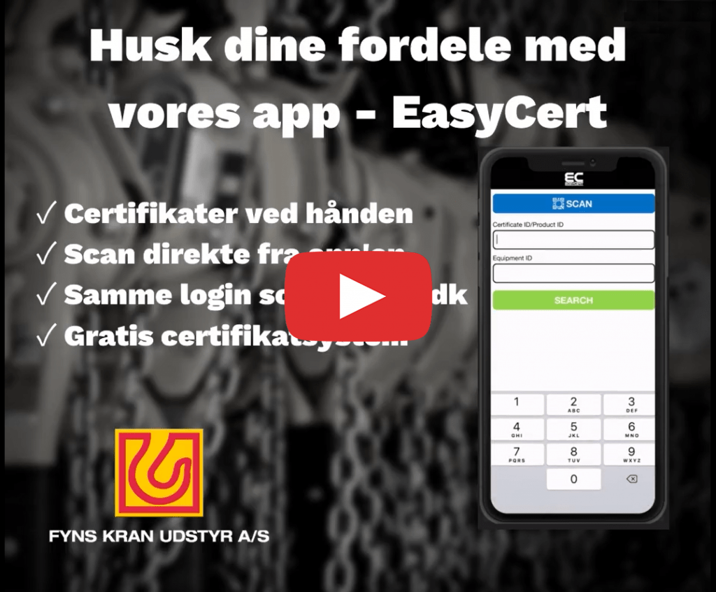 Dette billede illustrere Fyns Kran Udstyr – EasyCert – en app til alle dine certifikater på dit løfteudstyr lige ved hånden – helt gratis