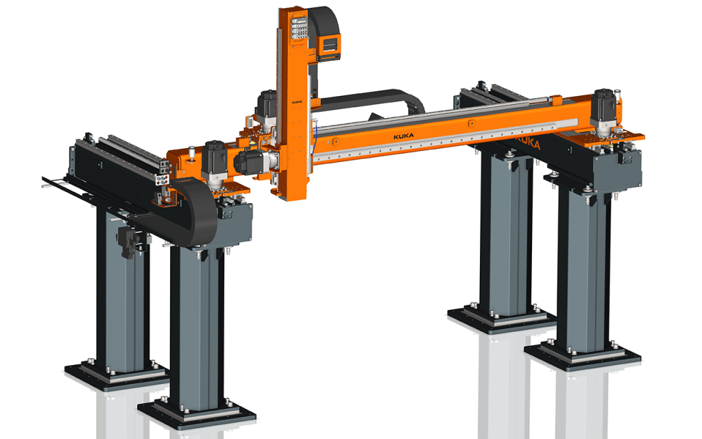 Dette billede illustrere Den nye lineære robot KR 300LP fra KUKA håndterer tung last med meget høj præcision og hastighed