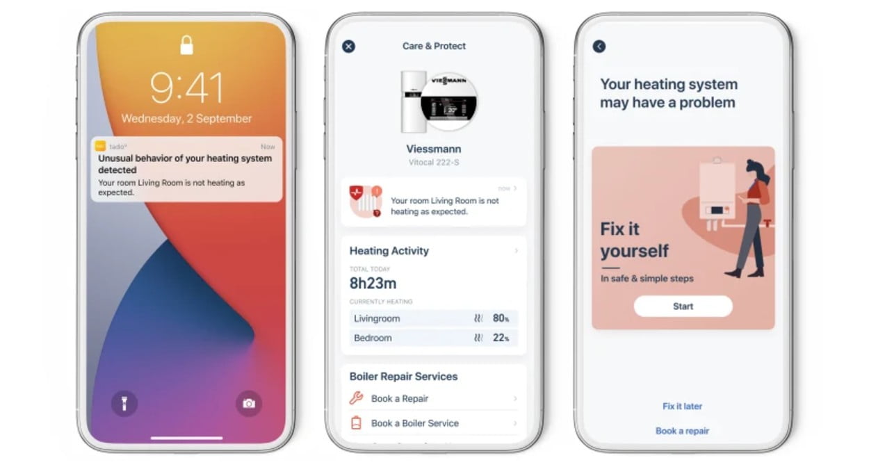 Dette billede illustrere tado lancerer ny Care & Protect funktion – app’en fortæller hvis fyret går ned eller radiatoren skal luftes ud