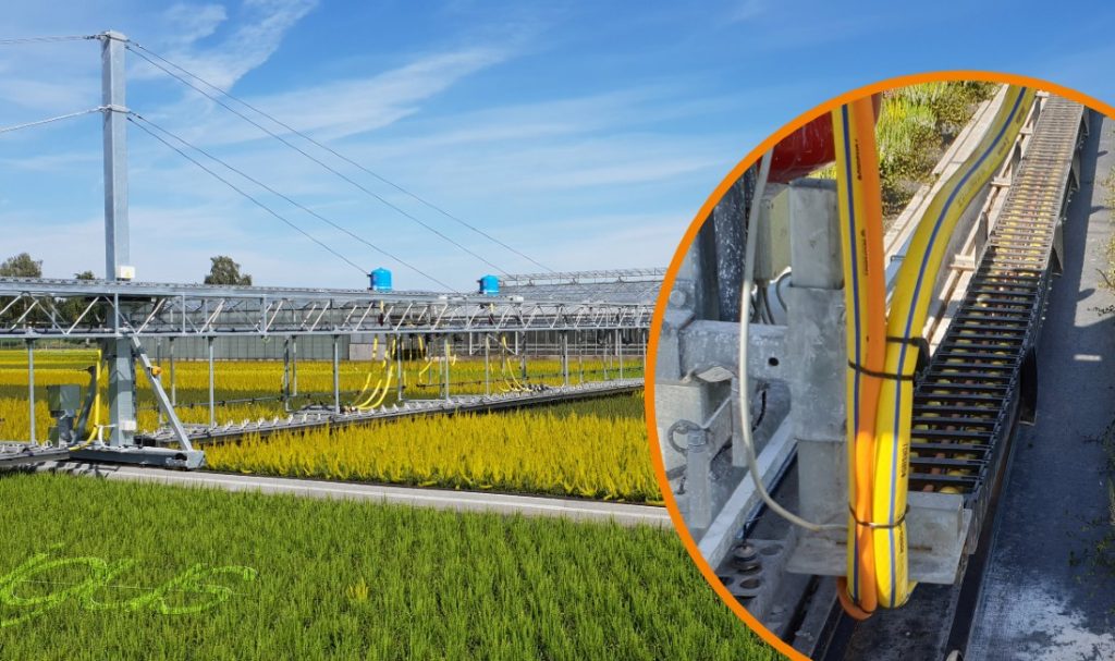 Dette billede illustrere igus rulle energikæde til målrettet vanding med besparelsespotentiale