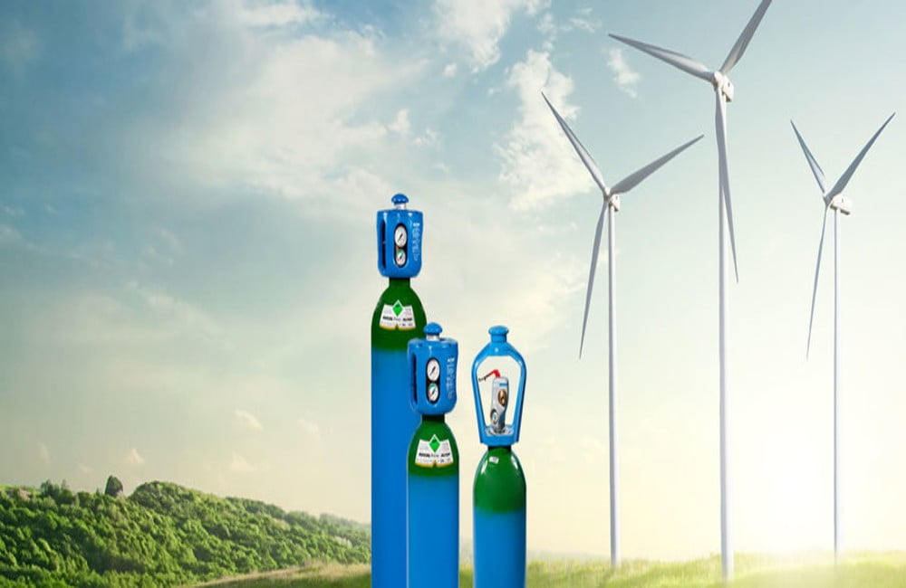 Dette billede illustrere Air Liquide – Nu lancerer vi “Green Origin Inside” – gasflasker fyldt med klimasmart gas