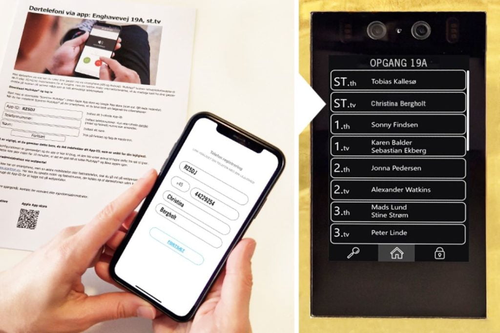 Beboere logger selv ind i MultiApp® med et unikt app-ID, hvorefter deres navn vil fremgå i dørstationen.