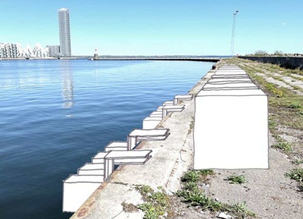 Et centralt element i projektet er test og validering af de nye, alternative betontyper under realistiske forhold. Dette foregår på en eksponeringsplads på havnen i Aarhus, hvor de nye materialer udsættes for påvirkninger fra saltvand og andre miljøfaktorer. Illustration: Teknologisk Institut.