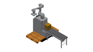 Invopal er en robot som palleterer emner fra et transportbånd og ned på to faste pallepladser med stor præcision.