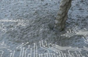 Ny digital teknologi kan gøre betonproduktionen langt mere præcis. Det vil give besparelser på både råvarer og CO2, og bringe branchen et vigtigt skridt nærmere både danske og internationale klimaambitioner. AI genereret foto- og grafik montage. Teknologisk Institut