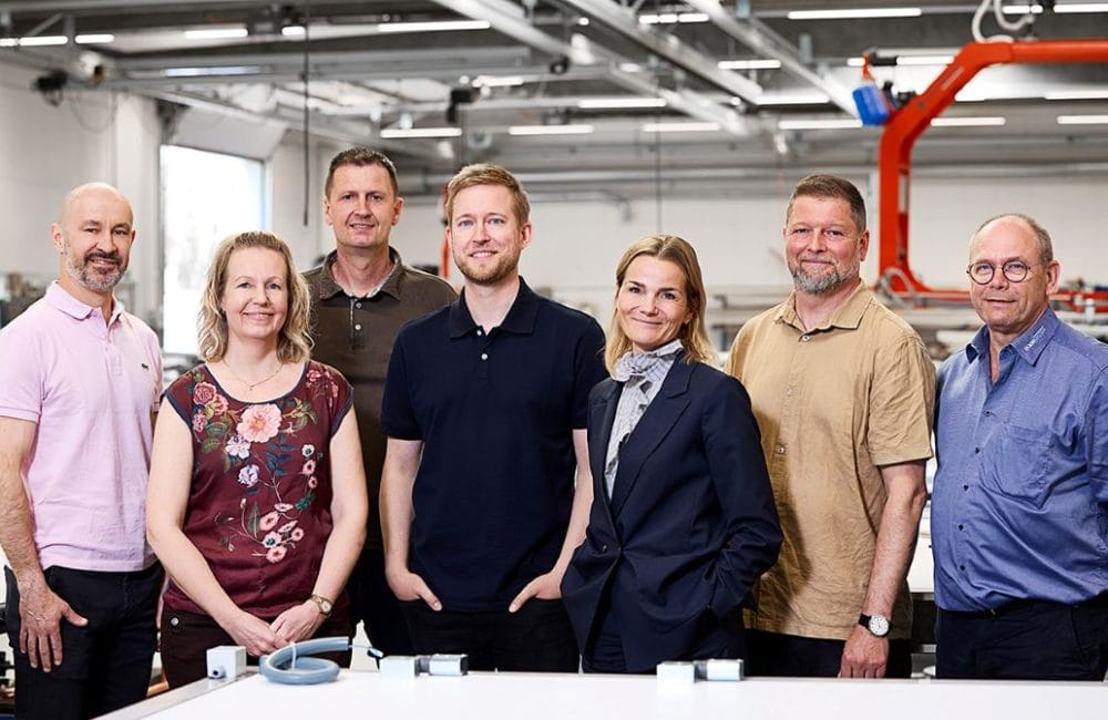 Det nye ledelsesteam hos Door System, fra venstre salgschef Søren Rahbek, teknisk chef Brita Rosenbech, servicechef Flemming Kirkegaard, økonomichef Jonathan Rabek Thomsen, direktør Nille Klæbel, montagechef Jan Dörig og produktionschef Johnny Brønd.