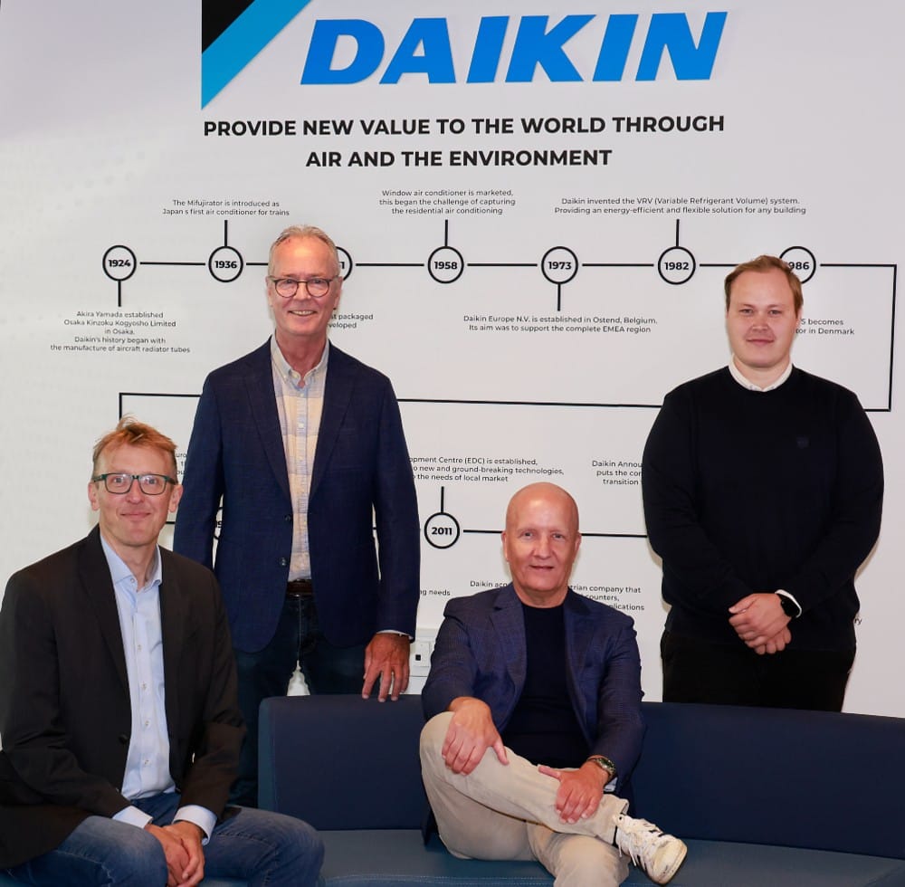 (Fra venstre: Jørgen Prosper Sørensen, TEKNIQ, Kim Fusager Balle, Blik- og Rørarbejderforbundet, Jens Bredning, Daikin Denmark og Andreas Lundberg, Dansk El-Forbund.